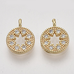 Brass Micro Pave Cubic Zirconia Pendants, Flat Round, Clear, Nickel Free, Real 18K Gold Plated, 11x8x1.5mm, Hole: 1.2mm