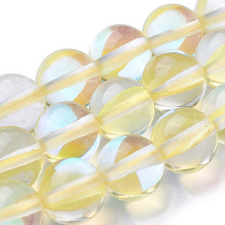 Chapelets de perles en pierre de lune synthétique, teinte, perles holographiques, demi couleur ab plaqué, ronde, jaune clair, 8mm, Trou: 1mm, Environ 49 pcs/chapelet, 15 pouce