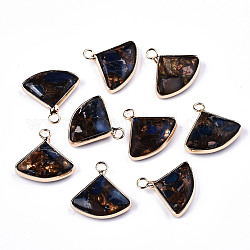 Fan Assembled Synthetic Bronzite and Lapis Lazuli Pendants, with Iron Loop and Brass Edge, Light Gold, 18~19x18~19x5~6mm, Hole: 2mm