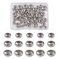Craftdady 304 Stainless Steel Beads, with Rubber Inside, Slider Beads, Stopper Beads, Rondelle, Stainless Steel Color, 6~10x3~5mm, Hole: 3~5mm, Rubber Hole: 2~3.5mm, 45pcs/box