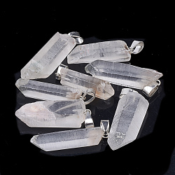 Pendentifs de cristal de quartz naturel, cristal de roche, avec les accessoires en fer de tonalité de platine, prismes hexagonaux, 25~35x8~12x5~10mm, Trou: 3x7mm
