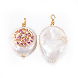 Pendentifs de perles d'eau douce de culture naturelle, avec les accessoires de zircons en laiton, pépites avec plat rond et étoile, or, vieille rose, 17~26x11~16x5~11mm, Trou: 1.6~2mm