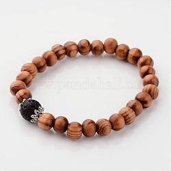 Bracelets extensibles en bois, avec des perles de pierre de lave naturelle et des accessoires métalliques, noir, 55mm