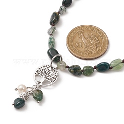 Collier pendentif arbre de vie en agate mousse naturelle, perle et zircone cubique, 316 bijou chirurgical en acier inoxydable, 15.91 pouce (40.4 cm)