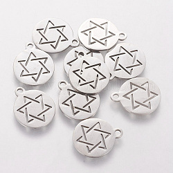 201 charms in acciaio inox, per gli ebrei, piatta e rotonda con la stella di david, colore acciaio inossidabile, 14x12mm