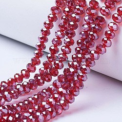 Electroplate Glass Beads Strands, Pearl Luster Plated, Faceted, Rondelle, FireBrick, 8x6mm, Hole: 1mm, about 65~72pcs/strand, 15.7~16.1 inch(40~41cm)