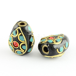 Drop Handmade Grade A Rhinestone Indonesia Beads, with Alloy Antique Bronze Metal Color Cores, Black and LightSea Green, 18x13x10mm, Hole: 2.5mm