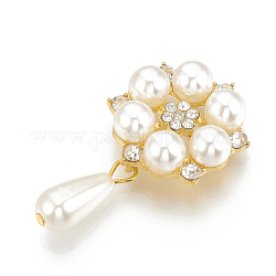 Alloy Rhinestone Flat Back Cabochons, with ABS Plastic Imitation Pearl, Flower with Drop, Golden, 47mm, Flower: 28x24x8.5mm, Teardrop: 22x8mm