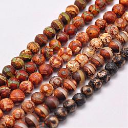 Natural Tibetan Style dZi Beads Strands, Dyed & Heated, Matte Style, Round, Mixed Patterns, about 6mm, Hole: 2mm, about 65pcs/strand, 13.8 inch