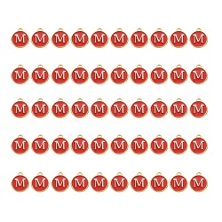 Golden Plated Alloy Charms, with Enamel, Enamelled Sequins, Flat Round, Red, Letter.M, 14x12x2mm, Hole: 1.5mm, 50pcs/Box