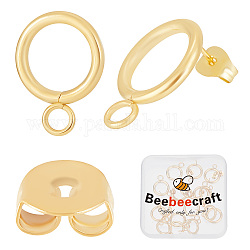 Beebeecraft 1 caja 20 piezas de aretes circulares de acero inoxidable chapado en oro de 24k, postes redondos huecos para encontrar aretes con lazo y pendientes de mariposa para hacer joyas