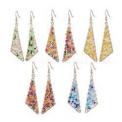 Glass Beaded Triangle Dangle Earrings, Golden 304 Stainless Steel Wire Wrap Jewelry for Women, Mixed Color, 74mm, Pin: 0.7mm