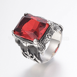 304 anelli in acciaio inox, con zirconi, rettangolo, rosso, 17~22mm