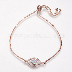 Bracelets bolo réglables en laiton, Bracelets coulissants, Avec de l'opale synthétique et de la zircone cubique, oeil, or rose, perle rose, 8-3/4 pouce (222 mm), 1mm, lien: 20x9x3 mm