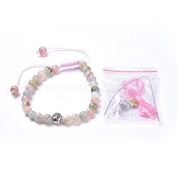 Bracelets de perles tressées en morganite naturelle, avec fil de nylon tressé et perles de Bouddha en alliage tibétain, 1-7/8 pouce ~ 3-1/8 pouces (4.8~8 cm)