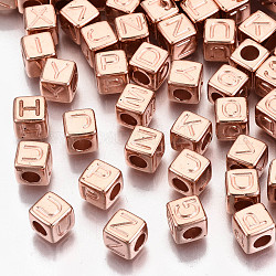 Abalorios de plástico CCB, agujero horizontal, cubo con la letra, oro rosa, 7x7x7mm, agujero: 3.5 mm, aproximamente 2000 unidades / 500 g
