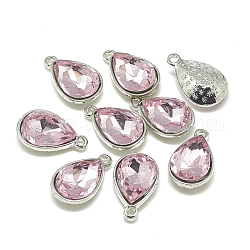 Colgantes de cristal de aleación, facetados, lágrima, Platino, rosa perla, 19x12x6mm, agujero: 1.5 mm