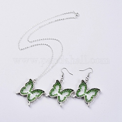 Glass Dangle Earring & Pendant Necklace Jewelry Sets, with Silver Plated Brass Cable Chain, Rack Plating Alloy Open Back Bezel Pendants and Brass Earring Hooks, Butterfly, Green, 17.99 inch(45.7cm), 55mm, Pin: 0.6mm
