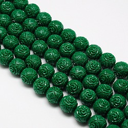 Synthetic Coral Beads Strands, Dyed, Round Beads Carved Flower Rose, Dark Green, 14mm, Hole: 1mm, about 30pcs/strand, 15.74 inch