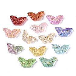 Transparent Spray Painted Glass Beads, with Golden Foil, Butterfly, Mixed Color, 8x15x4mm, Hole: 1mm