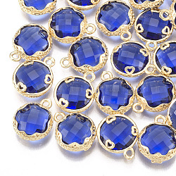 Breloques en verre, avec les accessoires en laiton, facette, plat et circulaire avec coeur, or, bleu, 14x11.5x4.5mm, Trou: 1.5mm
