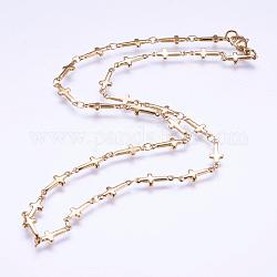 Collares de cadena de 304 acero inoxidable, con cierre de langosta, revestimiento de iones (ip), cruz, dorado, 17.9 pulgada (45.5 cm)
