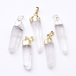 Natural Quartz Crystal Pendants, Rock Crystal, with Brass Findings, Nugget, Mixed Color, 30~75x5~15mm, Hole: 8x5mm