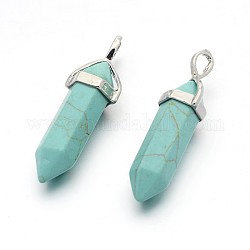 Synthetic Turquoise Bullet Double Terminated Pointed Pendants, with Platinum Plated Alloy Findings, 38~41x13x10mm, Hole: 5x3mm