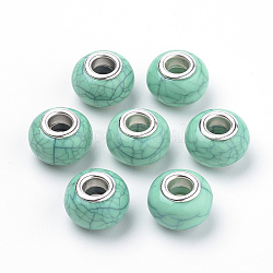 Imitation Turquoise Style Resin European Beads, Large Hole Beads, with Silver Color Plated Brass Double Cores, Rondelle, Medium Aquamarine, 14x9.5mm, Hole: 5mm