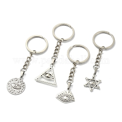 Porte-clés pendentif en alliage de style tibétain, avec porte-clés fendus, étoile de David/triangle/rond plat avec oeil, argent antique et platine, 8.3~9 cm