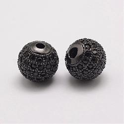 Perles de zircone cubique micro pave en Laiton, ronde, gunmetal, 10x9.5mm, Trou: 2mm
