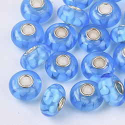 Perles européennes vernissées manuelles, fleur intérieure, Perles avec un grand trou   , avec noyaux simples en laiton plaqué couleur argent, rondelle, bleu profond du ciel, 14x7.5mm, Trou: 4mm