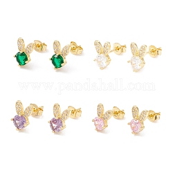 Brass Micro Pave Cubic Zirconia Stud Earring, Real 18K Gold Plated, Rabbit, Mixed Color, 10x6.5mm, Pin: 1mm