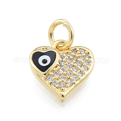 Breloques en laiton zircon cubique transparent, avec émail et anneaux de saut, or, coeur avec le mauvais œil, noir, 10x10x2.5mm, Trou: 3mm