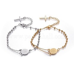 201 Stainless Steel Charm Bracelets, Religion Theme, Oval and Cross, Rosary Center Pieces, Mixed Color, 6-3/4 inch(17~17.2cm), 2.8mm