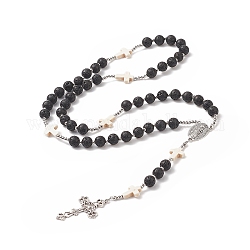 Collana di perline rosario con croce di pietre laviche naturali e turchesi sintetiche, collana pendente in lega vergine maria per le donne, argento antico, 25.59 pollice (65 cm)