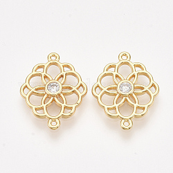 Brass Links connectors, with Cubic Zirconia, Real 18K Gold Plated, Nickel Free, Flower, Clear, 20x15x2mm, Hole: 1mm
