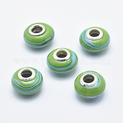 Perles européennes artisanales en pâte de polymère, avec noyaux en laiton plaqué couleur argent, Perles avec un grand trou   , rondelle avec motif à rayures, lime green, 13~16x8~11mm, Trou: 4.5~5mm