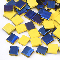 Opake Glasperlen galvanisieren, 2-Loch, Rechteck, in Blau Plattiert, Gelb, 5x4.5~5.5x2~2.5 mm, Bohrung: 0.5~0.8 mm