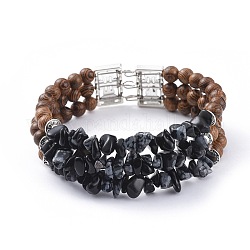 Trois boucles de bracelets en perles de puce en obsidienne naturelle, avec des perles en bois  , accessoires en alliage et bracelet en acier de fil de mémoire, 2-1/8 pouce (5.4 cm)