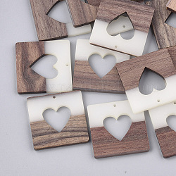 Pendentifs en bois de résine et de noyer, carré avec coeur, blanc crème, 38x38x4mm, Trou: 1.5mm