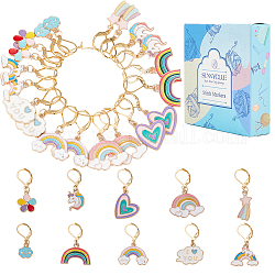SUNNYCLUE Rainbow Theme Locking Stitch Markers, Alloy Enamel Pendant Stitch Marker, with 304 Stainless Steel Hoop, Golden, 3~4cm, 10 styles, 2pcs/style, 20pcs/box
