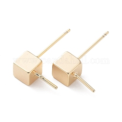 Brass Stud Earring Findings, for Half Drilled Beads, Cube, Real 18K Gold Plated, 5x5mm, Pin: 0.7mm