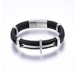 Leather Cord Bracelets, with 304 Stainless Steel Magnetic Clasp, Cross, Stainless Steel Color, 8-5/8 inch(22cm), 12~22x6~8.5mm