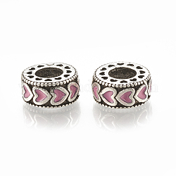 Perles européennes en alliage, Perles avec un grand trou   , avec l'émail, plat et circulaire avec coeur, argent antique, perle rose, 11.5x5mm, Trou: 5mm