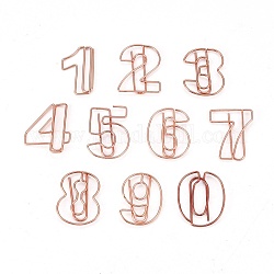 Graffette in ferro a forma di numero 0~9, simpatiche graffette, divertenti clip per segnalibri, oro roso, 27.4~29x17.4~24x2~3.5mm, 10 pc / scheda