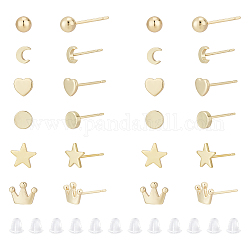 Ahadermaker 12 пара 6 стильных крошечных шарика, короны, сердца, луны и звезды, латунные серьги-гвоздики для женщин, реальный 18k позолоченный, 5~13.5x4~8 мм, штифты : 0.8~0.9 мм, 2 пара / стиль