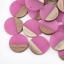 Pendenti in resina e legno, rotondo e piatto, rosa caldo, 28.5x3.5~4mm, Foro: 1.5 mm