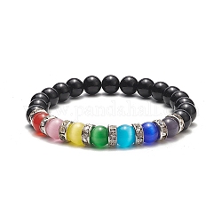 Bracelet extensible en perles d'onyx noir naturel et oeil de chat, bijoux en pierres précieuses pour femmes, colorées, diamètre intérieur: 2-1/4 pouce (5.7 cm)