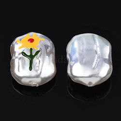 ABS-Kunststoff-Nachahmung Perlen, mit Emaille, Oval mit Blume, golden, 21x15x7~8 mm, Bohrung: 1.2 mm